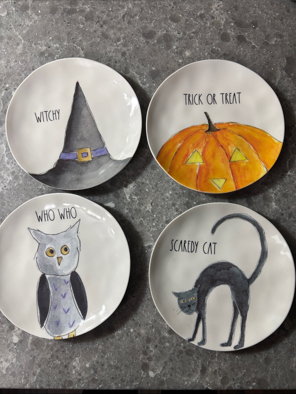 Rae Dunn Halloween Ceramic Plate Set - White, Orange, Black, Purple